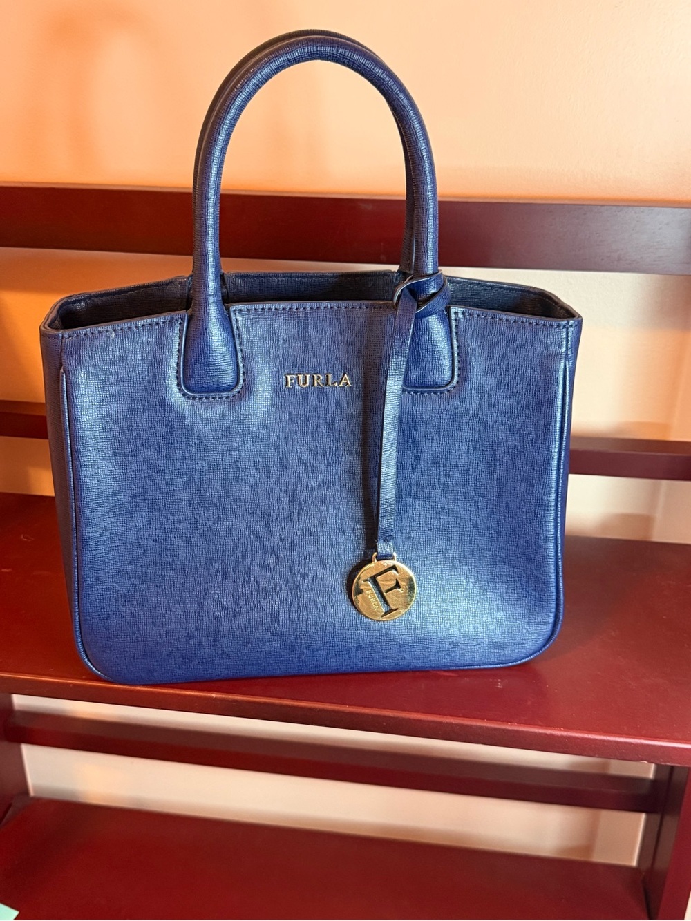 Furla Navy Saffiano Leather Tote with Gold Charm